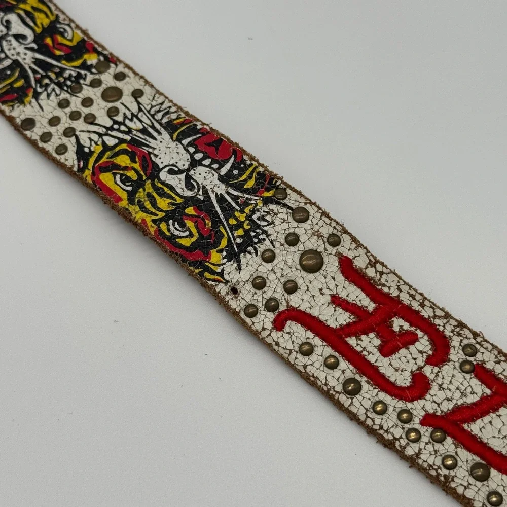 Vintage Ed Hardy Studded Leather Belt White Crackle Red Embroidered 39